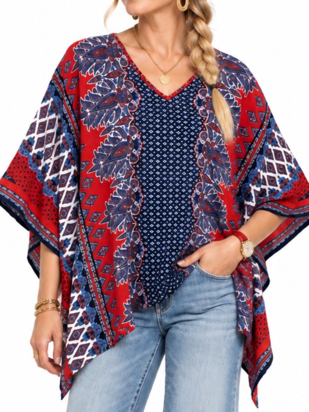 KIM GRAVEL BOHEMIAN FLOWY RED/WHITE/BLUE V NECK PONCHO TOP SZ 2X EUC